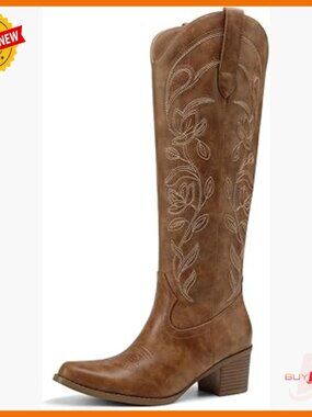 Women's Knee High Cowboy Boots Chunky Heel Square Toe Embroidered Western